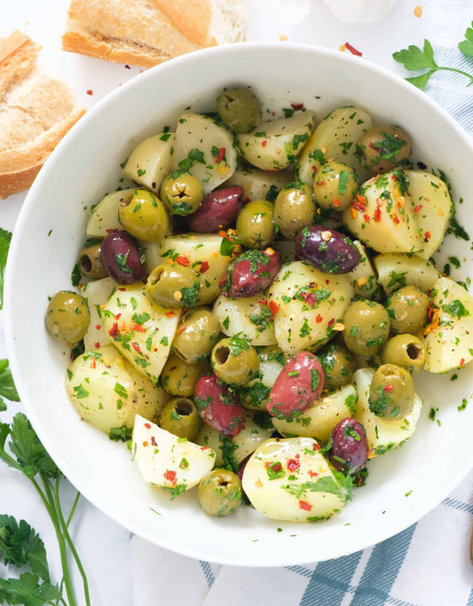 (D) Hot potatoes and Olive salad with Hummus